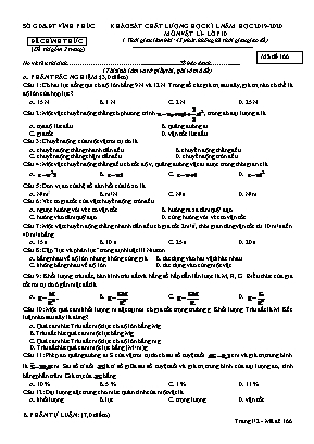 Đề khảo sát chất lượng học kỳ I môn Vật lý Lớp 10 - Mã đề 166 - Năm học 2019-2020 - Sở giáo dục và đào tạo Vĩnh Phúc